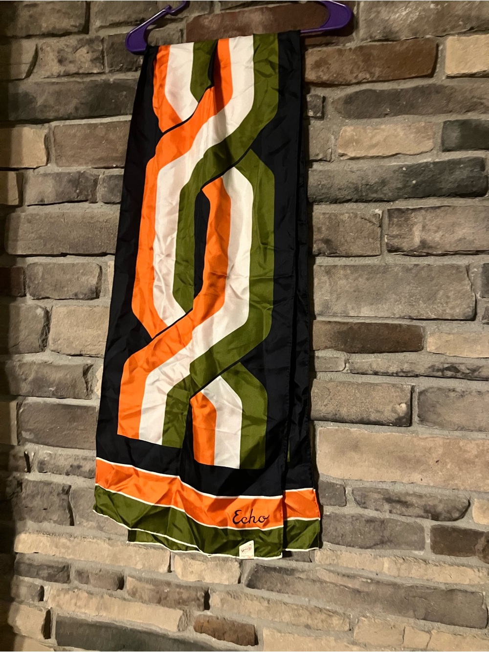 Vintage Echo Olive, Black, Orange and White 100% Silk Accent Scarf -NWT